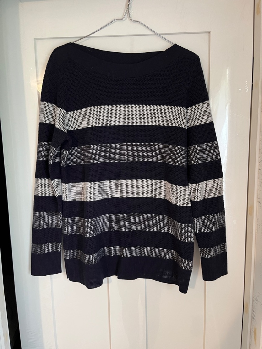 Market & Spruce Navy and White Striped Boatneck Sweater